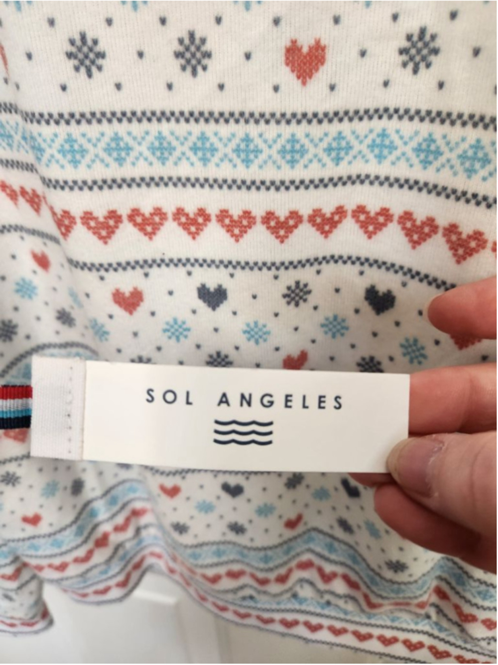 SOL ANGELES White Red Blue Heart Print Crew Neck Sweater - Picture 6 of 9